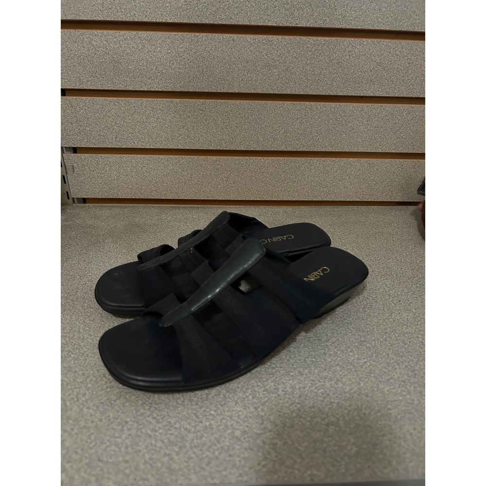 Cabin Creek Womens Black Fabric Slide Sandals Low Wedge T-Strap Size 8.5M
